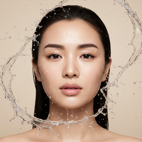 Close-up of a glowing female face with dewy hydrated skin and water droplets, illustrating hydration as the foundation of healthy, radiant skin.