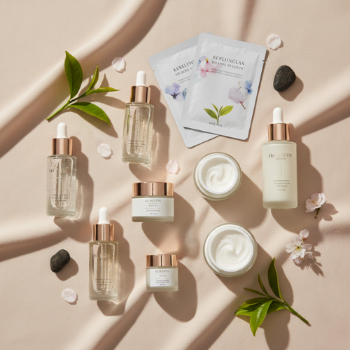 Flat lay of Korean skincare products with sheet masks and serums on a beige background, representing the elegance and innovation of K-Beauty.