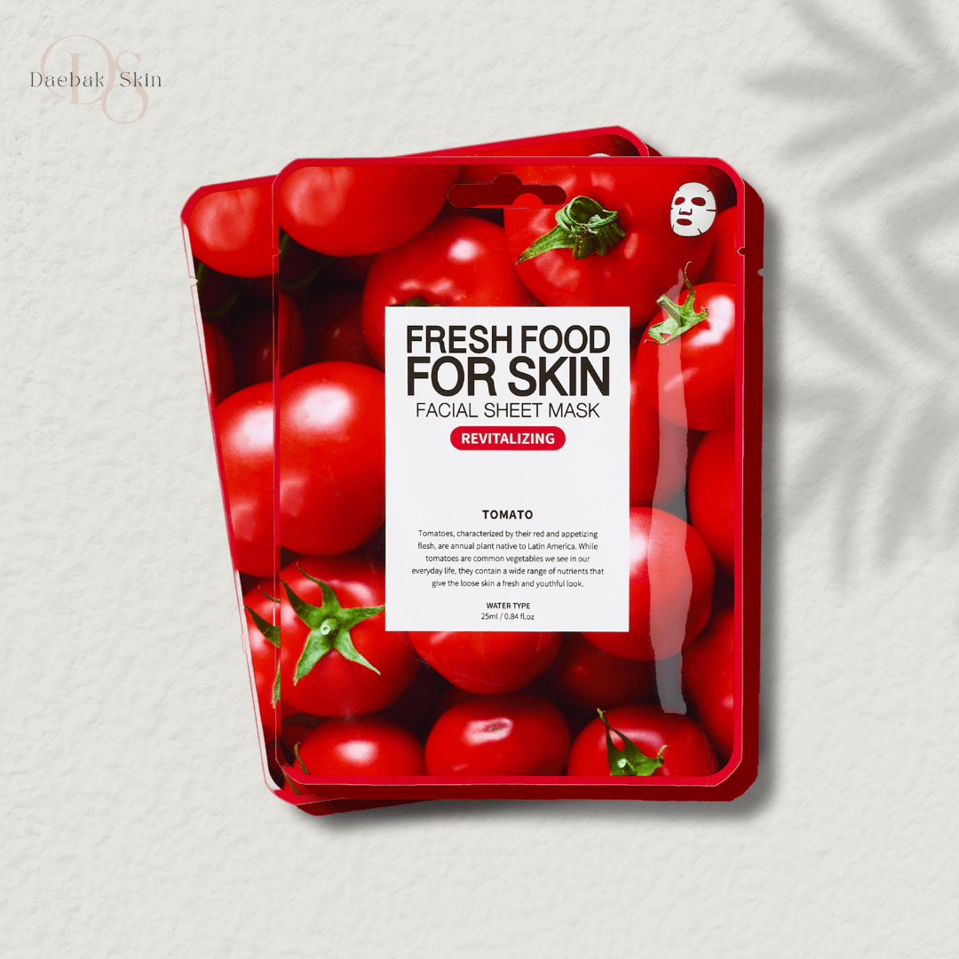 Farm Skin Tomato Facial Sheet Mask packaging with fresh tomatoes, hydrating and revitalizing skincare treatment.