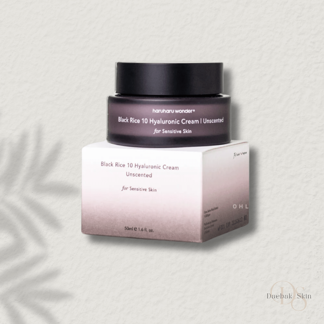 Haruharu Wonder Black Rice 10 Hyaluronic Cream Unscented for sensitive skin in a dark jar with white box packaging