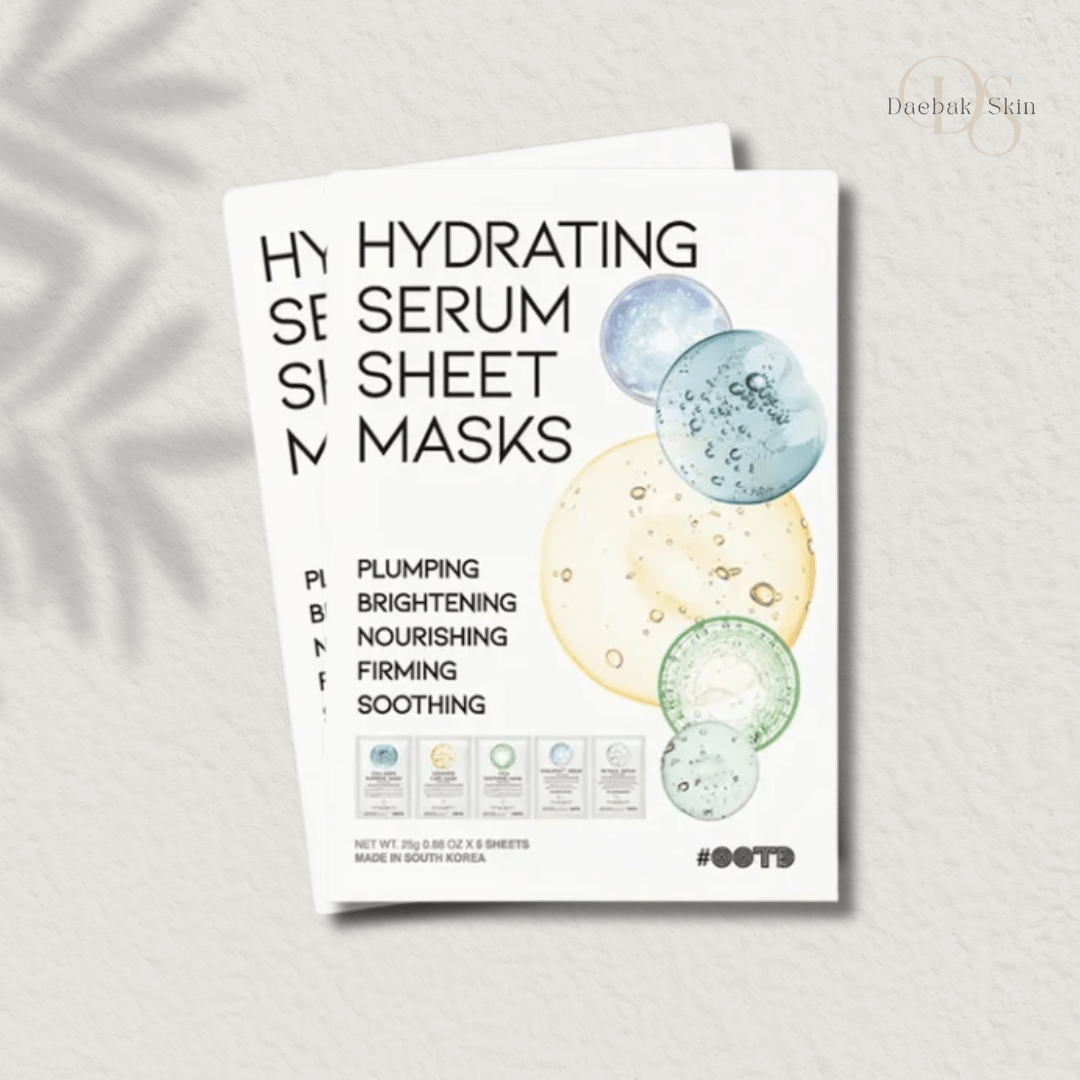 Hydrating Serum Sheet Mask Kit with assorted Korean sheet masks for plumping, brightening, nourishing, firming, and soothing skin.