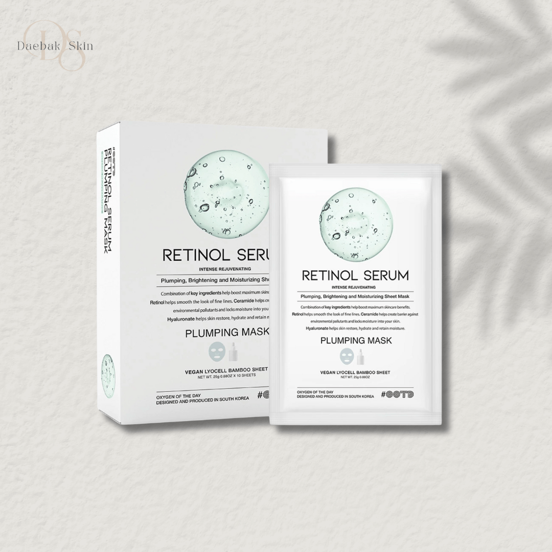Retinol Serum Plumping Mask packaging and sachet for hydrating and firming skin treatment