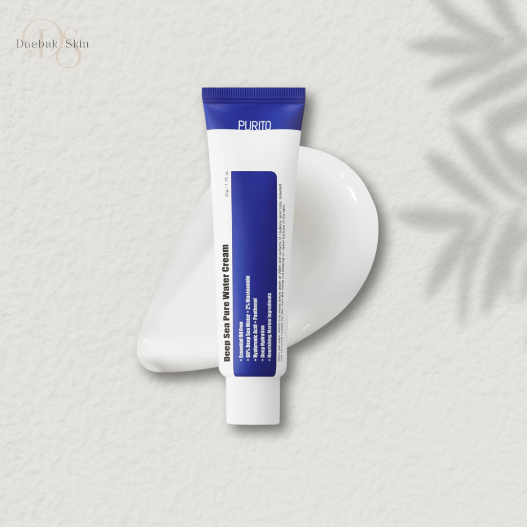 Purito Deep Sea Pure Water Cream 50g tube with a dollop of hydrating cream on a textured surface for skincare and hydration.