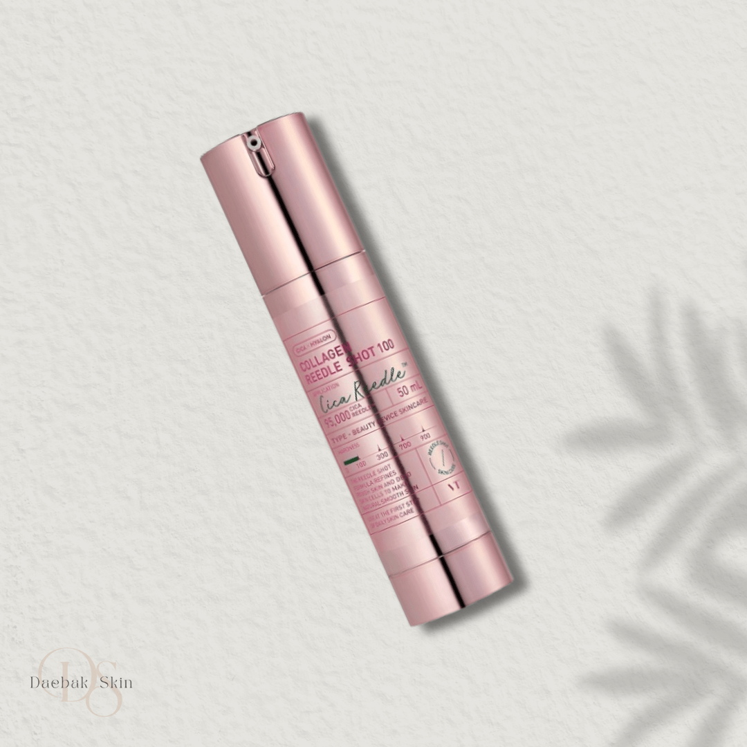 VT Collagen Reedle Shot 100 bottle in pink packaging promoting low molecular weight collagen for skin elasticity and hydration